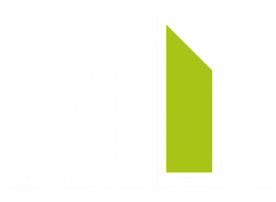 A white line-drawn architectural house icon with a lime green window panel on a gray background.