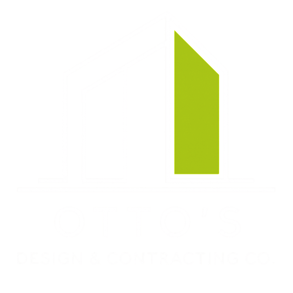 Logo for Otto's Design & Contracting Co. featuring a minimalist white line drawing of a modern house with a lime green window accent on a gray background.