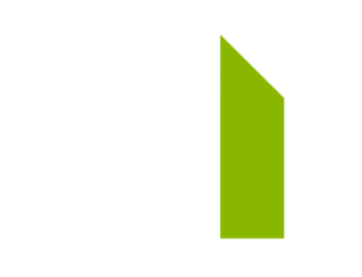 A minimalist line-art logo of a modern house with white outlines and a bright green accent on the right wall, set against a gray background.