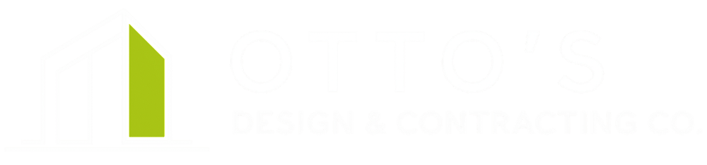 Logo for Otto's Design & Contracting Co. featuring a geometric house icon with a lime green accent panel and company name in white text on gray background.
